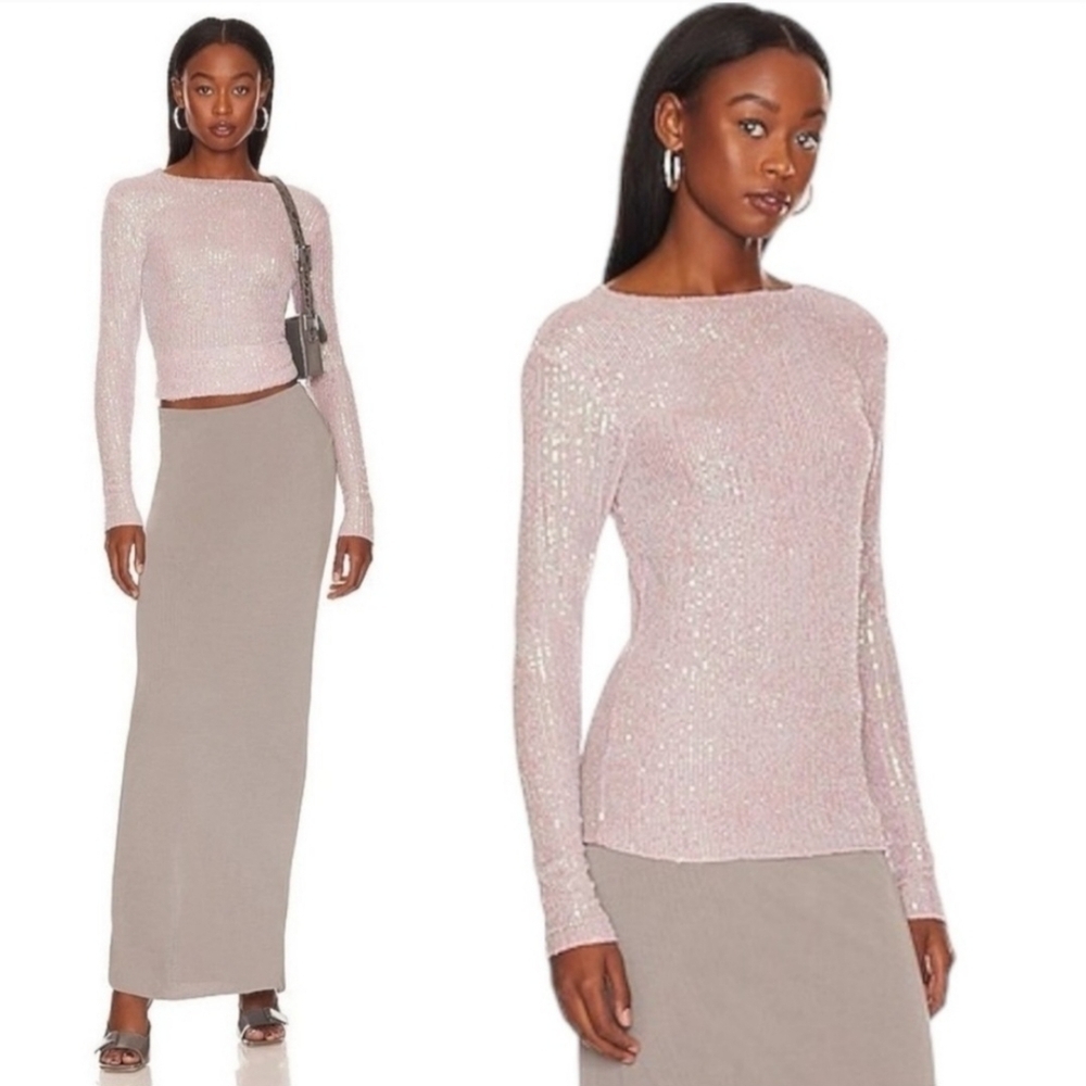 Free People Gold Rush Sequin Long Sleeve Top Champagne Float‎ Glam Coquette Girl
